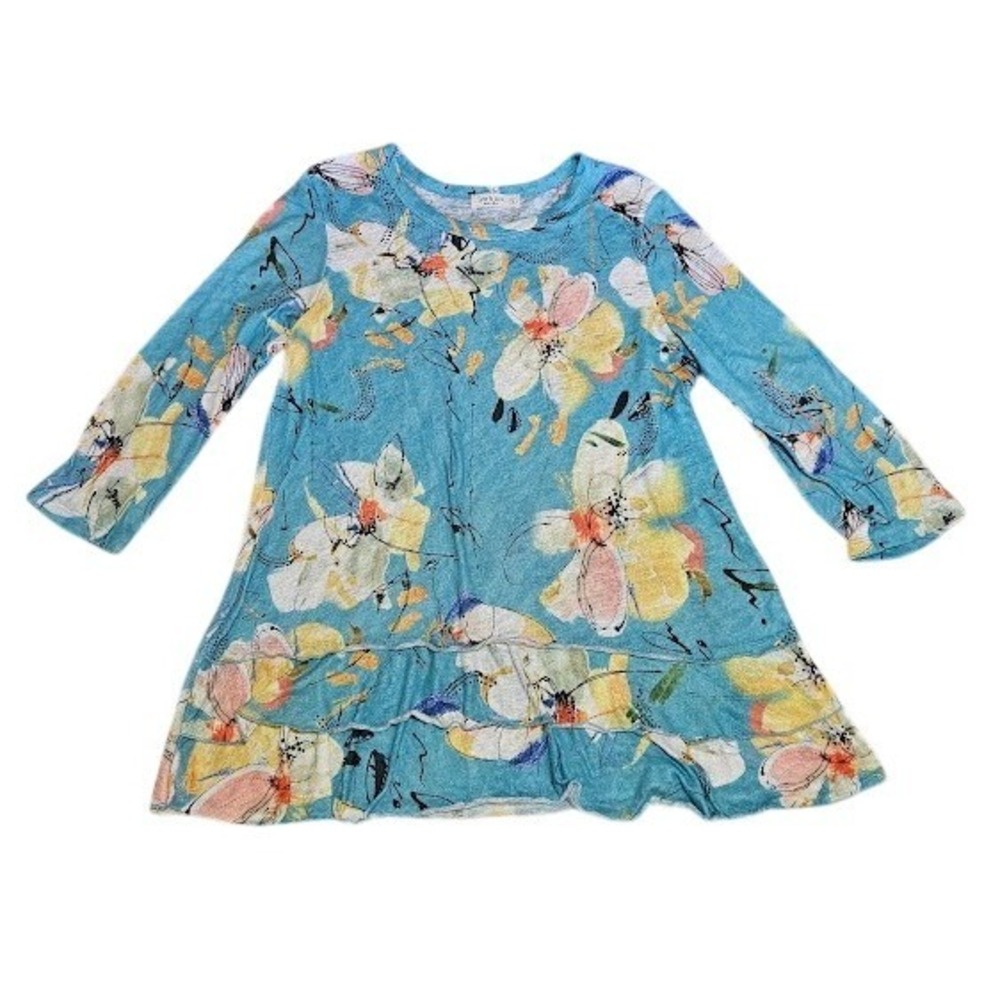 Jess & Jane Tunic Top Women Small Artsy Blue Floral Bora Bora Ruffle Hem